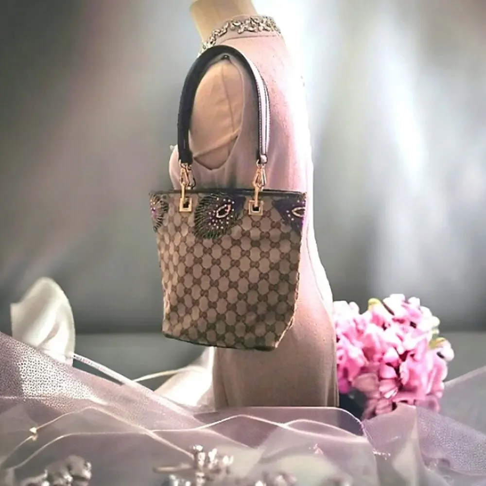GUCCI Small Tote Shoulder Bucket Bag Monogram Peacock Embellished Sequin Vintage